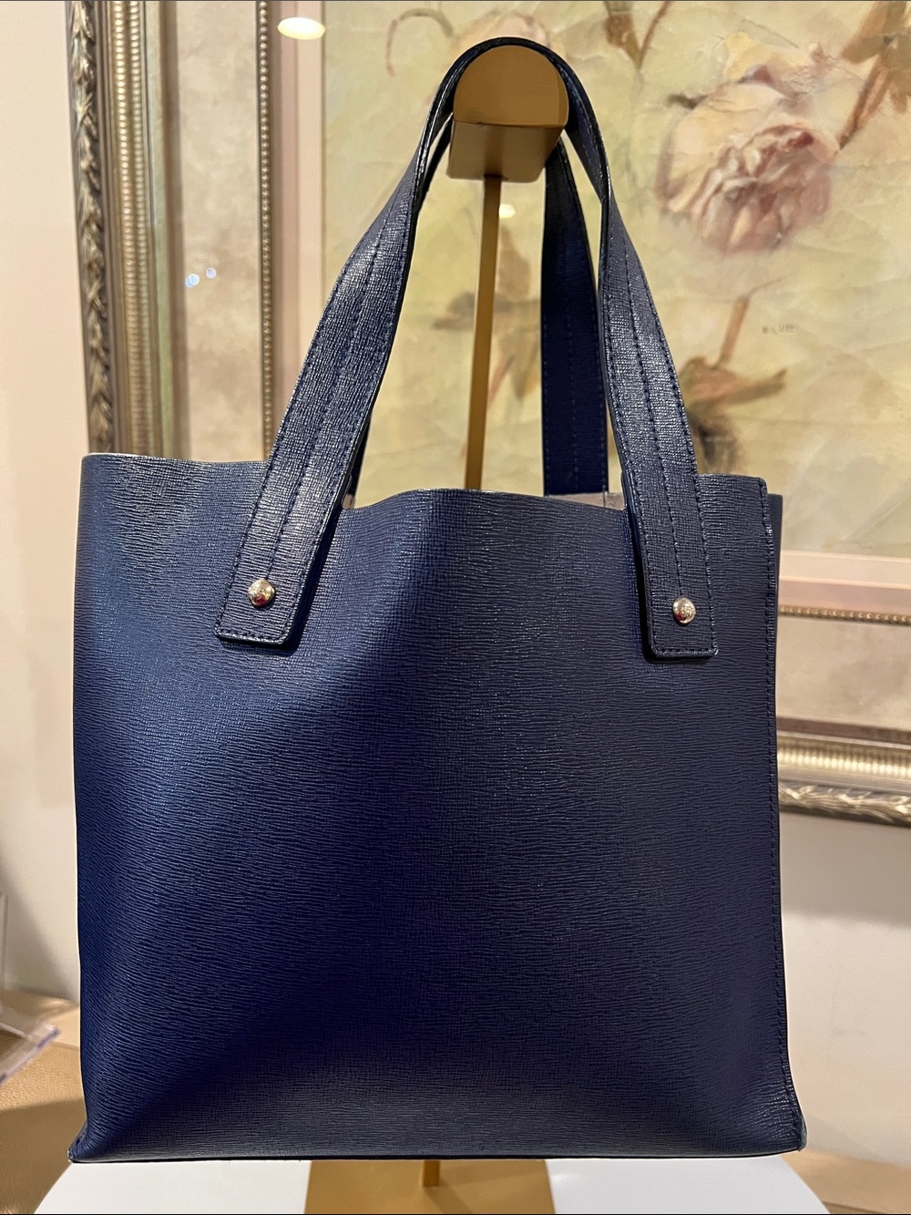 Furla Navy Structured Leather Satchel Tote - edge coat wear - Picture 5 of 14